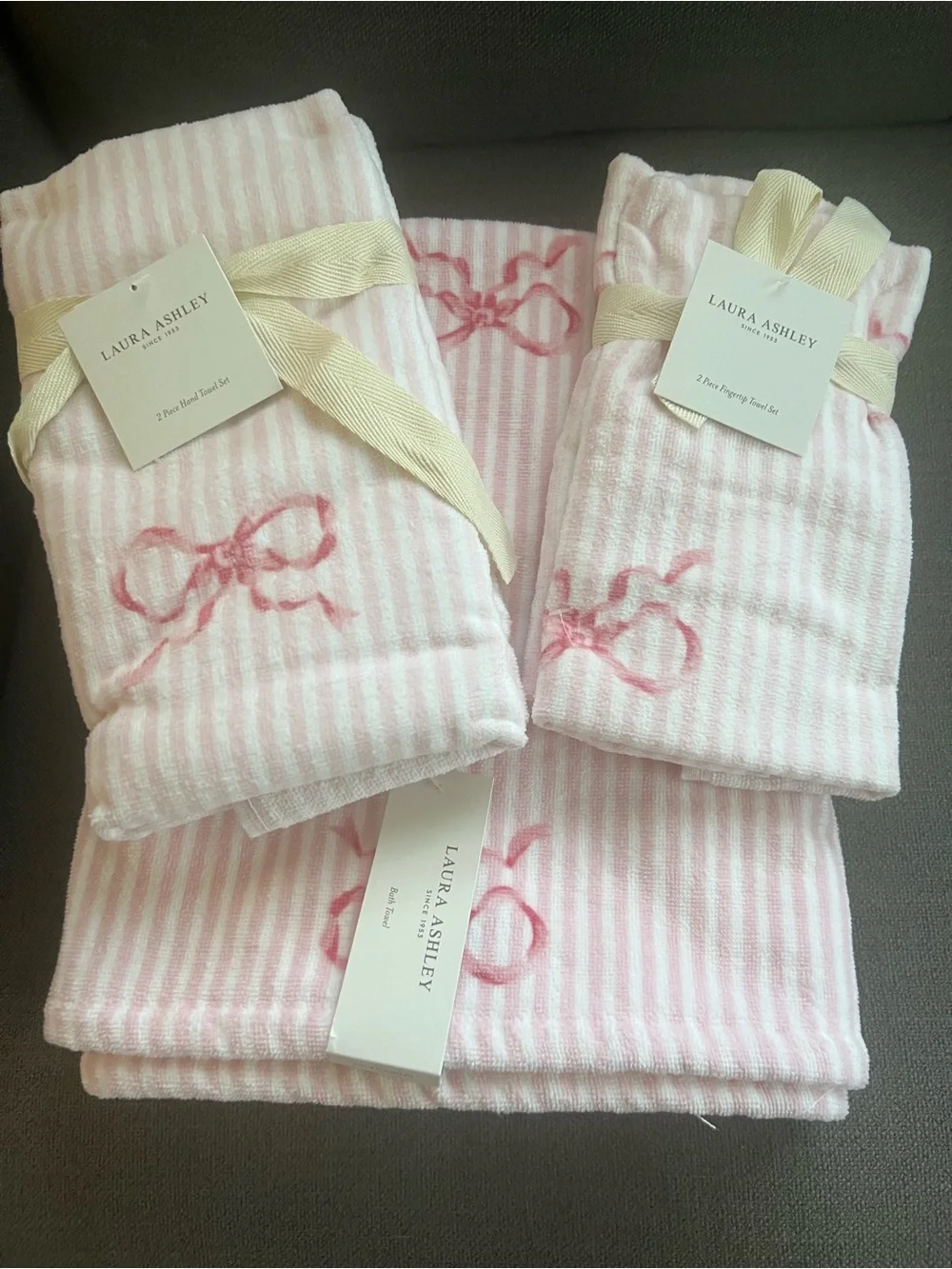 Laura Ashley Pink Bows Stripe Bath Towel Set bath, hand and finger towels - NEW